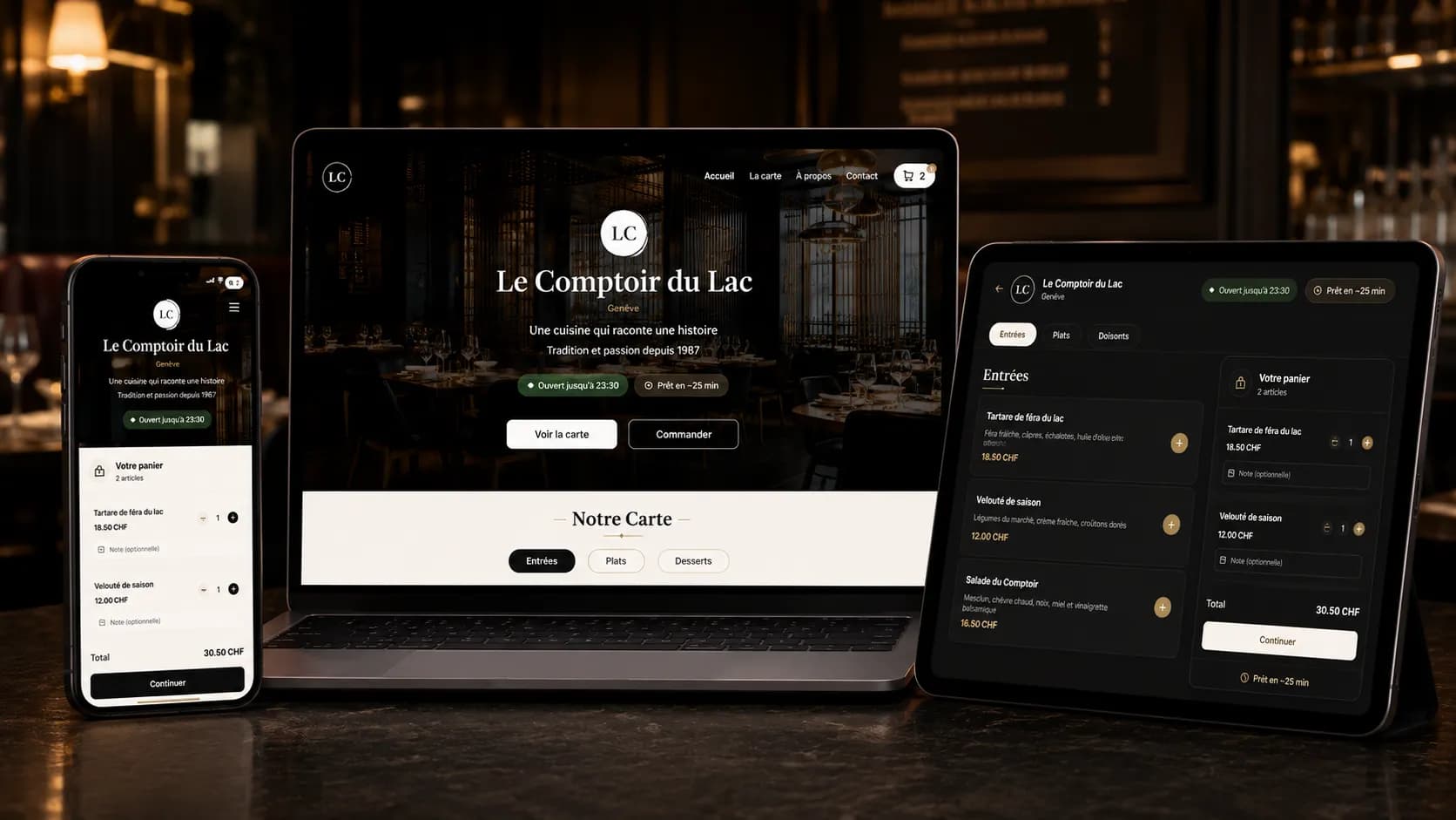 Aperçu du template Classic — laptop, tablette et smartphone affichant le site web du Bistrot des Halles