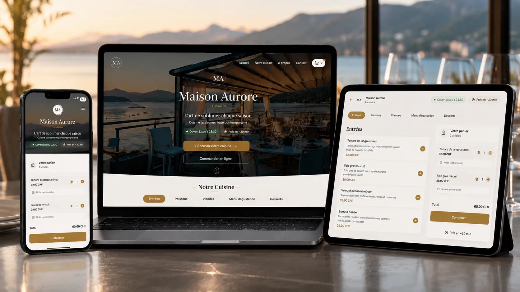 Aperçu du template Elegant — laptop, tablette et smartphone affichant le site web de Maison Aurore