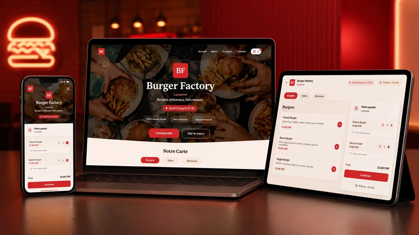 Aperçu du template Quick — laptop, tablette et smartphone affichant le site web de Burger Factory